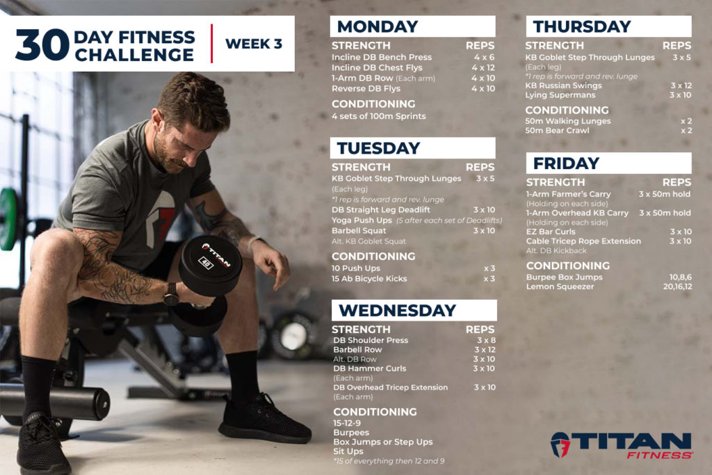 The Titan Fitness Challenge. Week 3. Person on a weight bench using a dumbbell with a single arm curl. There is a full workout and it is written out below.