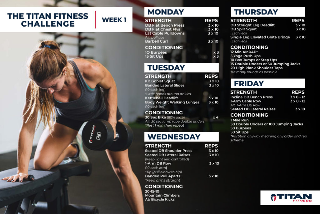 The Titan Fitness Challenge. Week 1. This is a workout plan that is laid out in the copy below the image. 