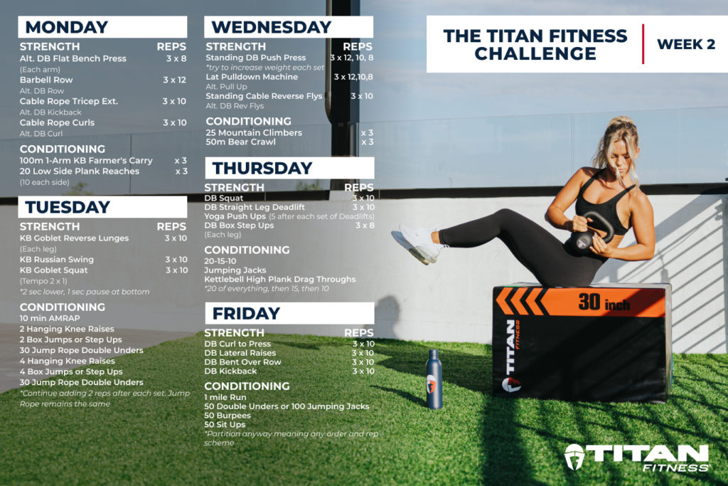 The Titan Fitness Challenge. Week 2. Person on a plyometric box and using a kettlebell. There is a full workout and it is written out below.